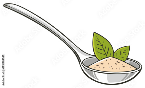 Spoonful of Powdered Spice and Fresh Herbs Close-Up Illustration