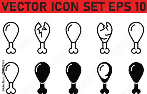 Chicken leg, drumstick, fried chicken, chicken thighs, roast chicken icon set. Vector graphic illustration. Suitable for website design, logo,signs, nourishment, 