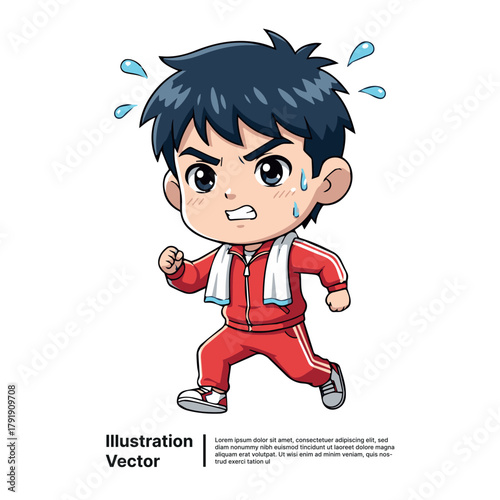 Cartoon boy running intensely, sweating in a red tracksuit, demonstrating active fitness lifestyle