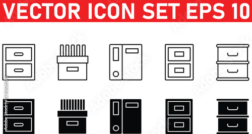 File cabinet icon set. Vector graphic illustration. Suitable for website design, logo, app, template,database, document, folder, index, information, library, portfolio, search, signs, 