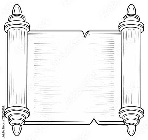 Antique scroll with lined paper and decorative finials black line art