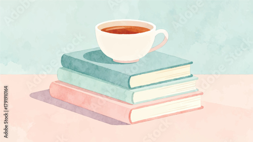 Cozy Reading Moment with Tea and Stack of Books in Watercolor