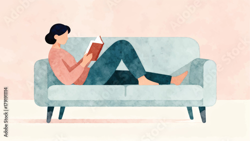 Woman Relaxing and Reading on Sofa in Watercolor Style