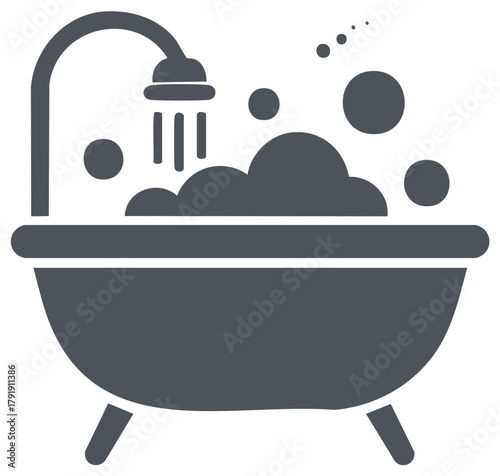 Iconic Bathtub with Bubbles and Running Water from Shower Head Silhouette