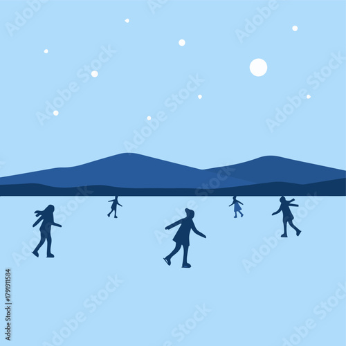 Frozen lake scene with people ice skating, simple silhouettes, cool blue solid colors, clean and modern flat vector style.