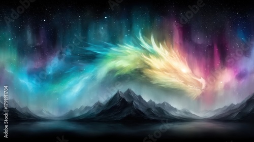 Colorful aurora borealis dragon in a mountainous landscape