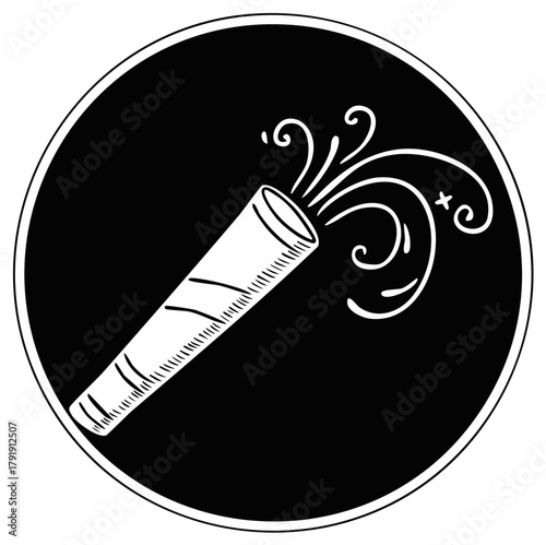 Party popper illustration in a black circle. Celebration, happy moment concept.