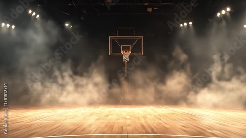 Dramatic Empty Basketball Court with a Hoop, Spotlights, and Smoke Effects Creating an Intense Atmosphere for Sports and Competition