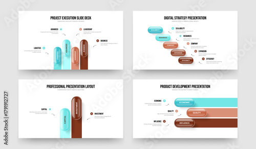 Advertising Development 4 5 2 3 Step Infographic Presentation Layout Set. Sales Proposal Four Five Two Three Option Diagram Slideshow Template Vector Illustration Collection.