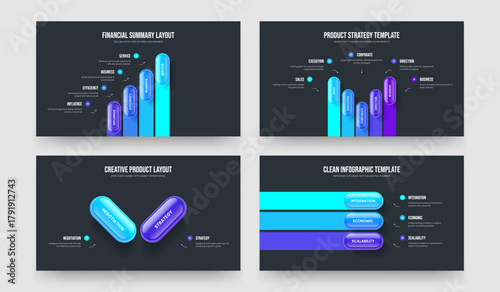 Business Solution 4 5 2 3 Option Infographic Slideshow Template Bundle. Corporate Forecast Four Five Two Three Element Diagram Slide Layout Vector Illustration Collection.