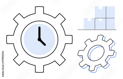 Gear with clock face, smaller gear, and 4-piece puzzle block illustrating interconnected concepts thumbs up time, workflow, planning, productivity, problem-solving, and collaboration. Ideal