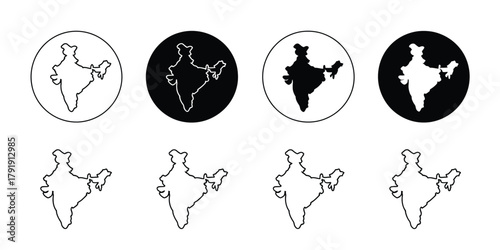 Indian map outline icon collection in black and white, vector set of country shapes, geographic symbols, and minimalist map illustrations