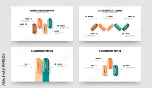 Visual Strategy Four Five Two Three Element Infographic Frame Template Vector Illustration Collection. Marketing Performance 4 5 2 3 Option Diagram Slide Layout Set.