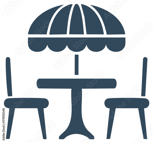 Outdoor Dining Set with Umbrella Two Chairs and Round Table Vector Icon