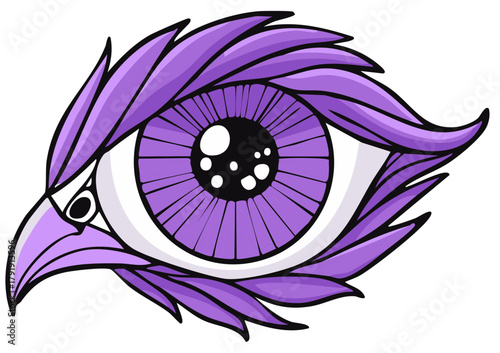 Vibrant purple mythological eye illustration with bold lines and bird like details