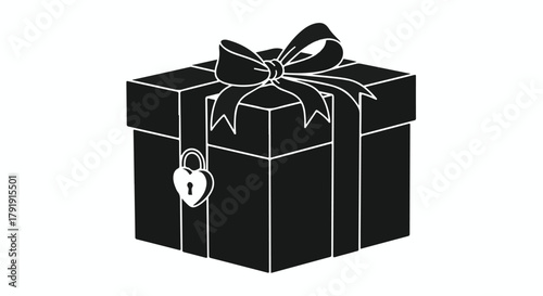 Elegant black gift box with heart-shaped padlock and ribbon, symbolizing love and surprise