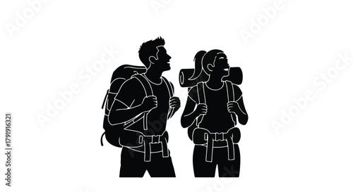 Adventurous couple with backpacks looking up in awe, ready for exploration