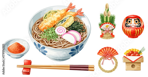 水彩の年越しそば・お正月飾りイラストセット,天ぷらそば,和食,門松,だるま,縁起物,手描き,ベクター