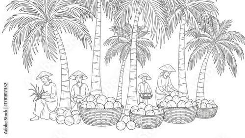 Palm Trees, Farmers, and Baskets of Coconuts — High-Quality Black Continuous Close-Up Line Art in Calm Agricultural Composition 