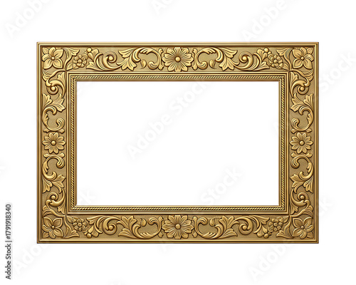 Ornate golden picture frame with intricate floral and scrollwork carvings isolated on transparent background