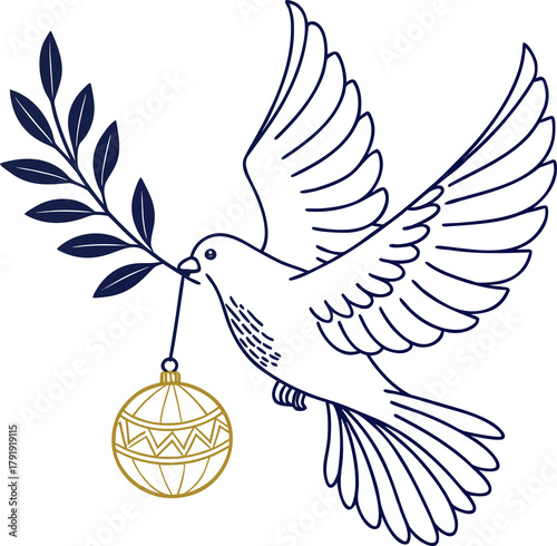 Elegant dove carrying golden Christmas ornament and olive branch, minimal line art on white background, symbol of peace and joy, modern holiday design.