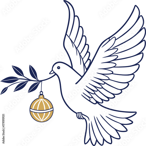 Elegant dove carrying golden Christmas ornament and olive branch, minimal line art on white background, symbol of peace and joy, modern holiday design.