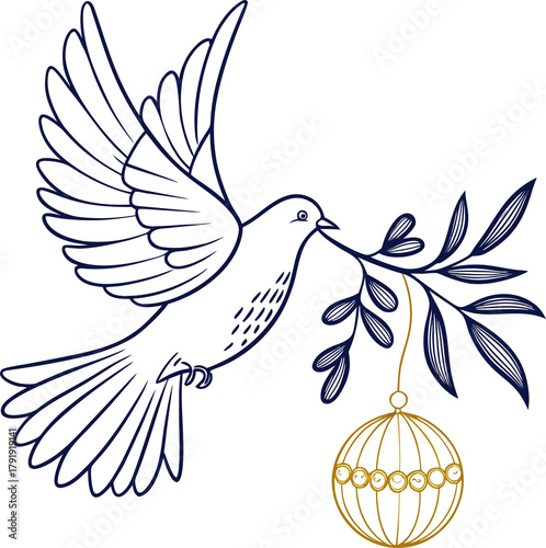 Elegant dove carrying golden Christmas ornament and olive branch, minimal line art on white background, symbol of peace and joy, modern holiday design.