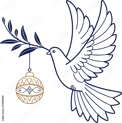 Elegant dove carrying golden Christmas ornament and olive branch, minimal line art on white background, symbol of peace and joy, modern holiday design.