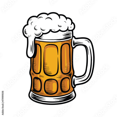 Woodcut Style Tankard with Froth, Retro Craft Beer Ale Mug Drawing, Full Foaming Beer Stein Illustration, Vintage Engraving Style Beer Mug