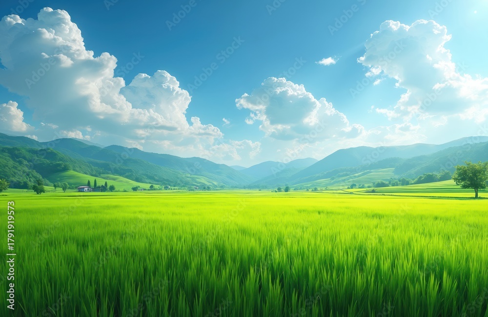 Obraz premium Vast bright green rice fields stretch towards distant hazy blue mountains under sky dotted with fluffy white clouds. Sunlight illuminates rich plantation, hillsides. Serene rural landscape offers