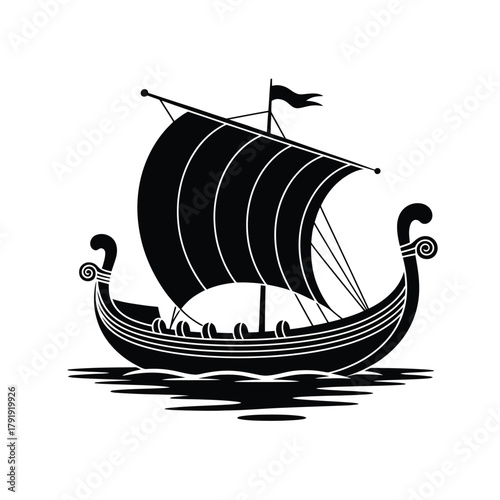 Black and white illustration of a viking longship sailing on water