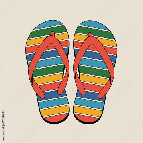 Colorful striped flip flops with orange straps on a light background
