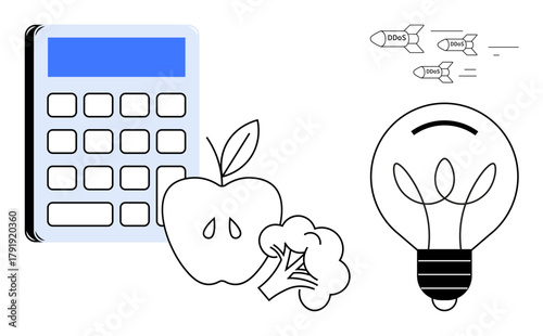 Calculator, apple, broccoli, lightbulb, and flying coins blending themes of nutrition, economics, creativity, sustainability innovation energy efficiency and education. Ideal for healthy budgeting