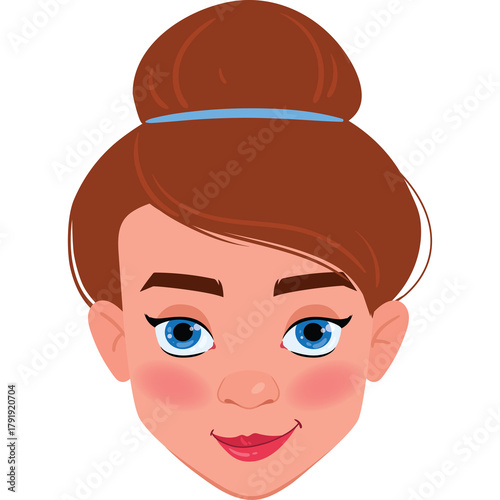 Close up portrait of a woman with brown hair in a bun and blue eyes blushing with rosy cheeks wearing a light blue hair tie against a white background studio lighting