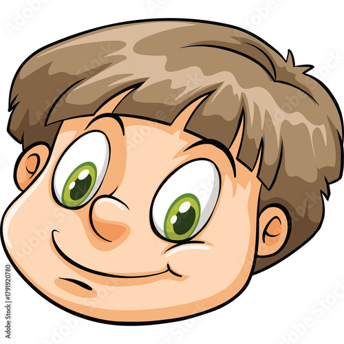 Close Up Portrait Of A Smiling Cartoon Boy With Brown Hair And Green Eyes Against A Transparent Background