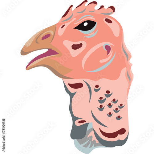 Close Up Pixelated Illustration of a Turkey Head Profile Facing Right in Various Shades of Pink and Red with Detailed Texture and Features