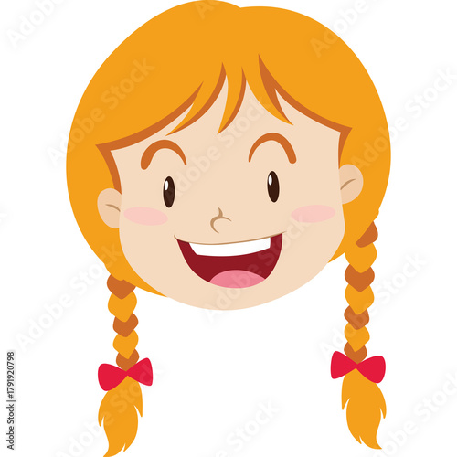 Close Up Portrait of a Smiling Young Girl with Braids and Red Bows Hair Accessories Isolated on Transparent Background Cartoon Style