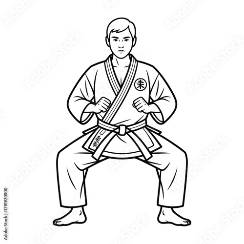 Martial artist in a strong defensive stance wearing a traditional gi