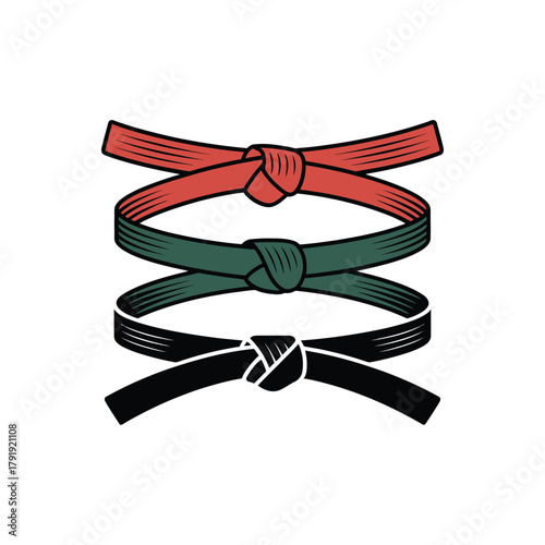 Three martial arts belts stacked and tied in a knot