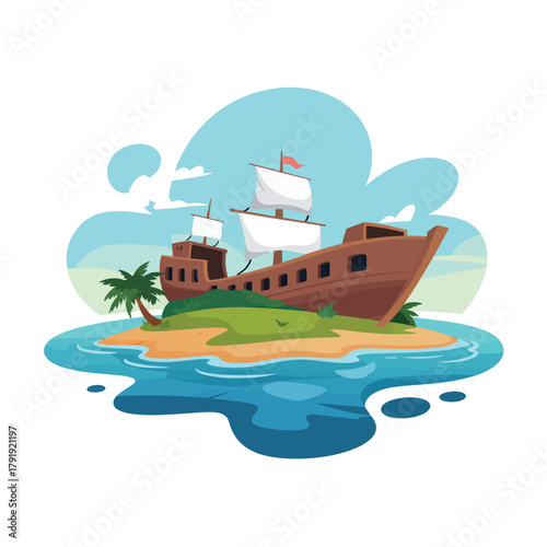 Cartoon shipwreck on a deserted tropical island with palm tree and ocean waves