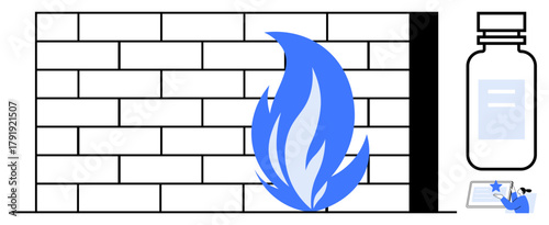Brick wall with blue flame, bottle symbolizing protection, and antivirus elements. Ideal for cybersecurity, data protection, internet safety, security protocols, digital shields, firewalls