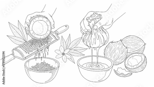 Coconuts Being Grated and Milk Extracted — High-Quality Black Continuous Line Art Depicting Organic Coconut Milk Production