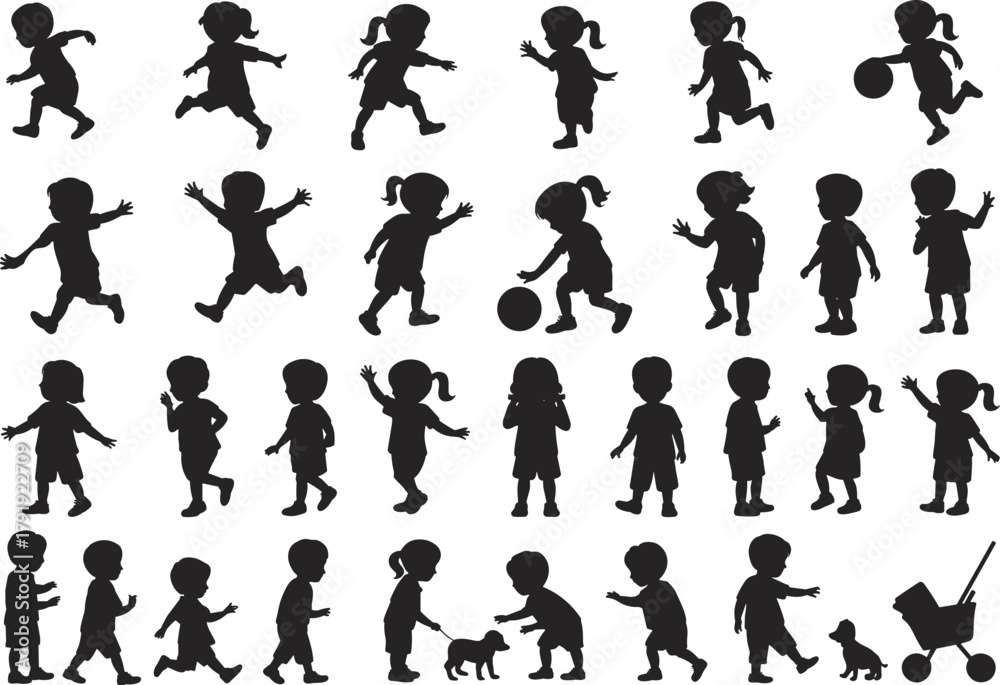 Naklejka premium Silhouette children playing running walking vector illustration of kids with toys and ball activity isolated on white background design