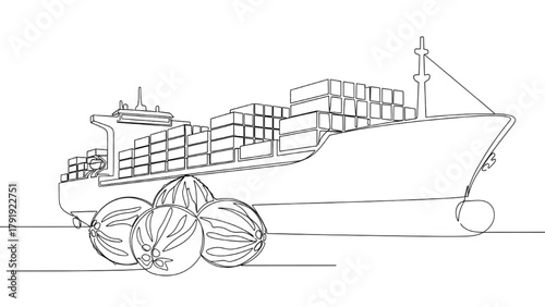 Cargo Ship with Containers and Coconuts — High-Quality Black Continuous Line Art Symbolizing Coconut Export 