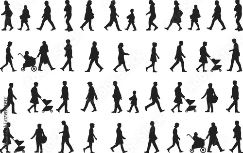 Silhouette people walking with children and baby strollers vector illustration of family parents pedestrians and crowd isolated on white background design