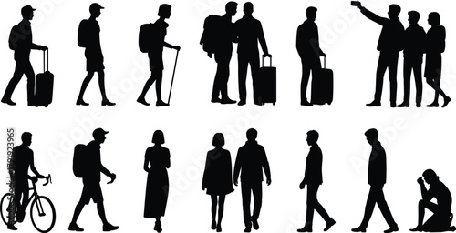 Silhouette travelers walking standing sitting with luggage backpacks and bicycle vector illustration of people tourists isolated on white background design