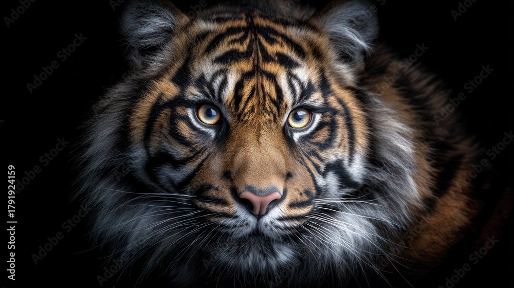Fototapeta premium Close-up portrait of a tiger, showcasing intricate details of fur and eyes
