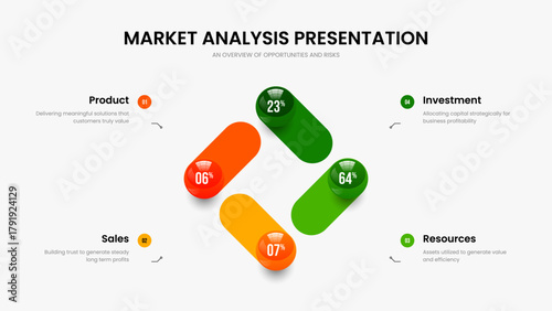 Visual Innovation Slide Template Vector Illustration. Educational Briefing 4 Element Diagram Presentation Layout. Company Analysis Four Step Graph Slideshow Design.