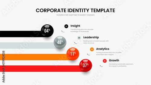 Market Solution Four Element Graph Presentation Design. Professional Profile Slideshow Template Vector Illustration. Minimal Visualization 4 Step Chart Slide Layout.
