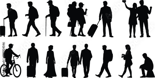 Silhouette travelers walking standing with luggage backpacks and bicycle vector illustration of people tourists travelers isolated on white background design